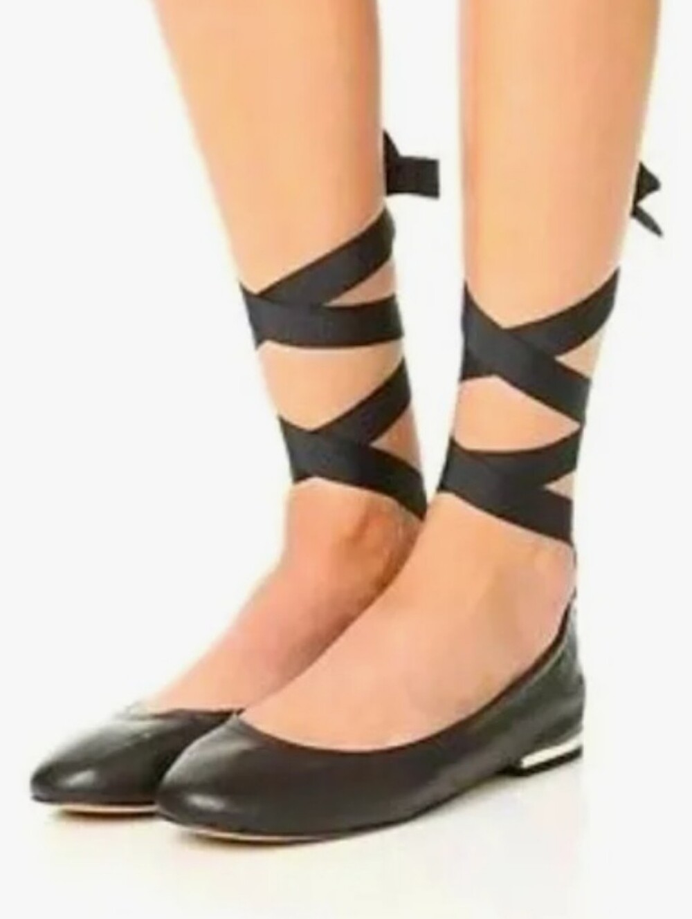 Sam Edelman black leather Fallon ballet flats featuring ribbon ankle ties 8.5